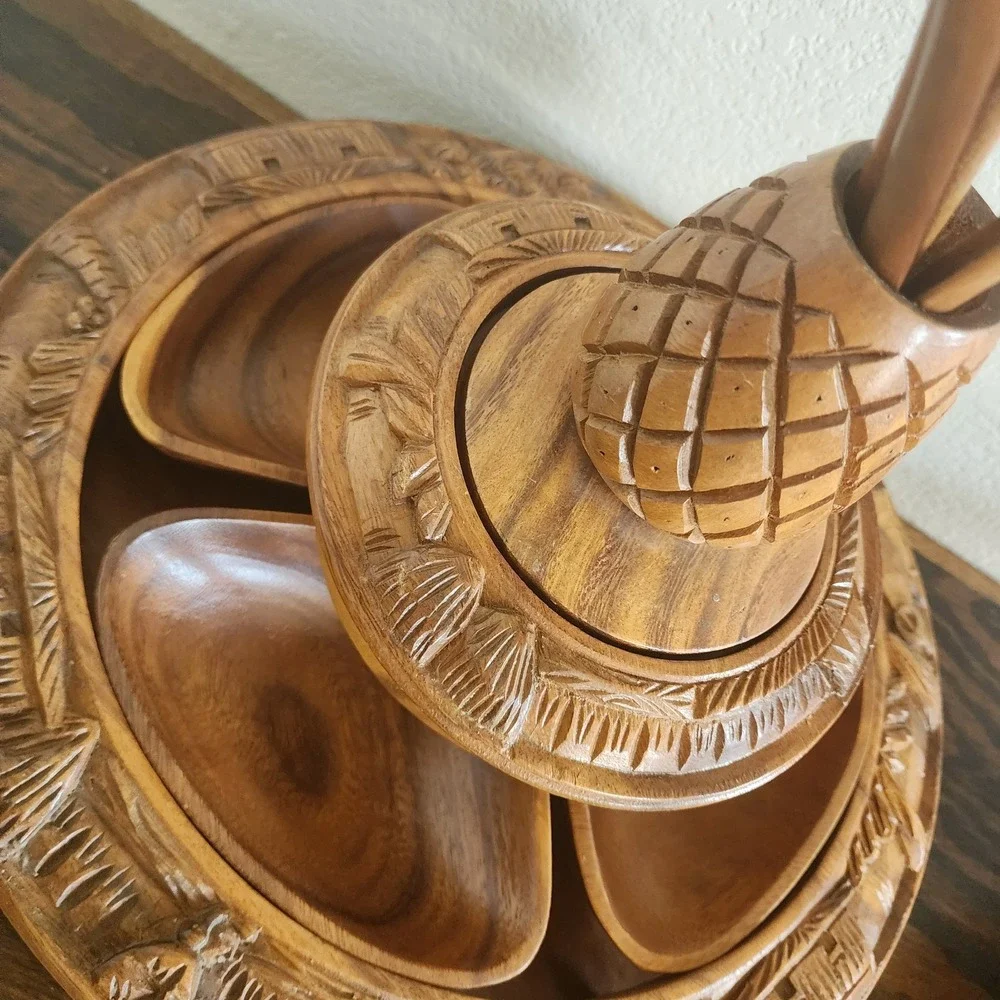 Hand Carved 3 Tier‎ Teak Pineapple Monkey Pod Lazy Susan Serving Tower Vintage